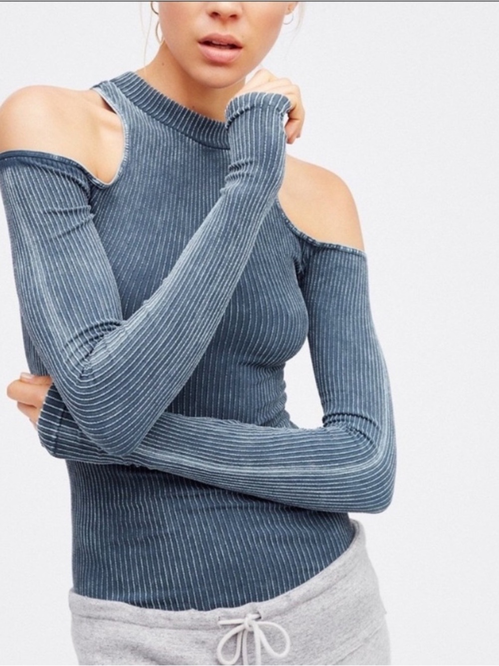 Free People BLACK Cold Shoulder Ribbed Sweater -